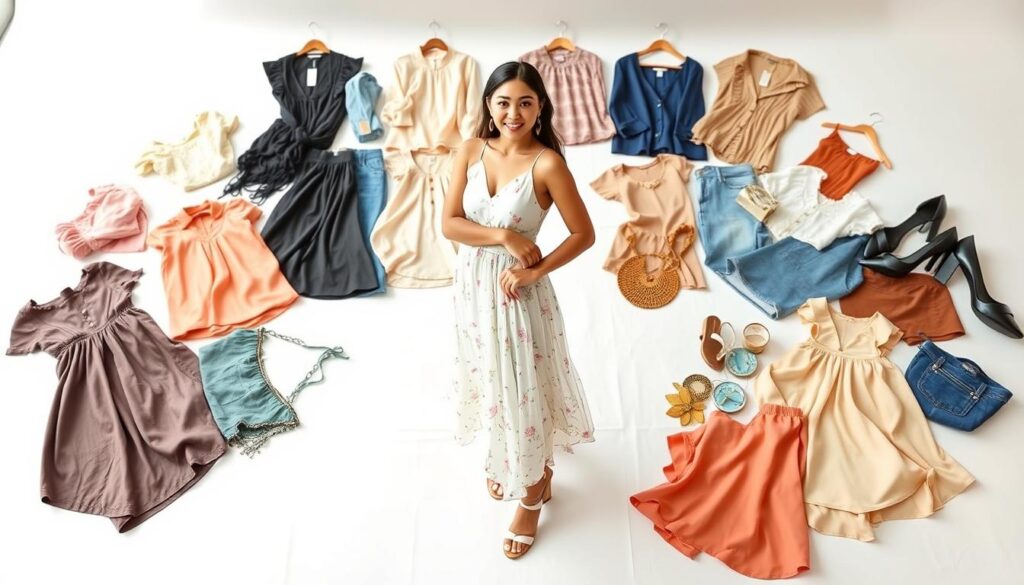 A fashion-forward scene showcasing affordable Shein looks styled by a stylish VIP. The foreground features a confident young woman posing confidently in a chic Shein outfit - a flowy midi dress with delicate floral patterns, paired with strappy sandals and minimal gold jewelry. The middle ground captures the VIP surrounded by a diverse array of Shein clothing items laid out on a pristine white background, hinting at the boundless possibilities for affordable, on-trend fashion. The background is softly lit, creating a bright, aspirational atmosphere that evokes the joy of discovering quality Shein pieces as a VIP. The overall composition is clean, vibrant, and visually appealing, reflecting the accessible luxury of Shein's affordable fashion.