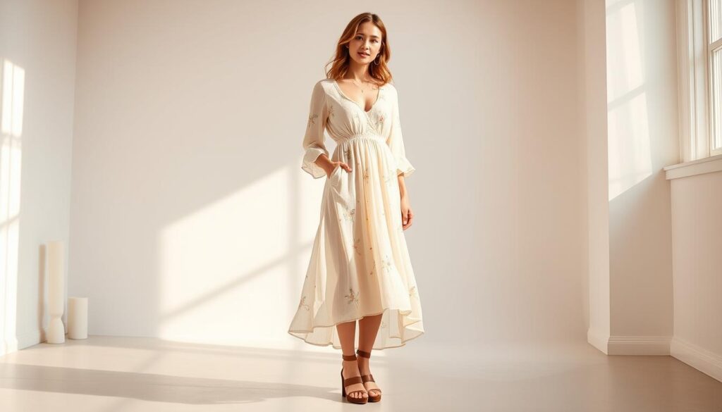 A stylish Shein fashion editorial, featuring a well-curated outfit on a female model. She stands in an elegant, minimalist studio setting, bathed in soft, natural lighting. The model wears a chic, on-trend Shein ensemble - a flowing, midi-length dress with delicate floral embroidery, paired with strappy, platform sandals. Her hair is styled in effortless waves, and her makeup is fresh and radiant. The composition showcases the outfit's versatility and highlights Shein's ability to deliver high-quality, fashion-forward pieces at an accessible price point. The overall mood is aspirational yet approachable, reflecting Shein's commitment to empowering women to explore their personal style. A stylish Shein fashion editorial, featuring a well-curated outfit on a female model. She stands in an elegant, minimalist studio setting, bathed in soft, natural lighting. The model wears a chic, on-trend Shein ensemble - a flowing, midi-length dress with delicate floral embroidery, paired with strappy, platform sandals. Her hair is styled in effortless waves, and her makeup is fresh and radiant. The composition showcases the outfit's versatility and highlights Shein's ability to deliver high-quality, fashion-forward pieces at an accessible price point. The overall mood is aspirational yet approachable, reflecting Shein's commitment to empowering women to explore their personal style.