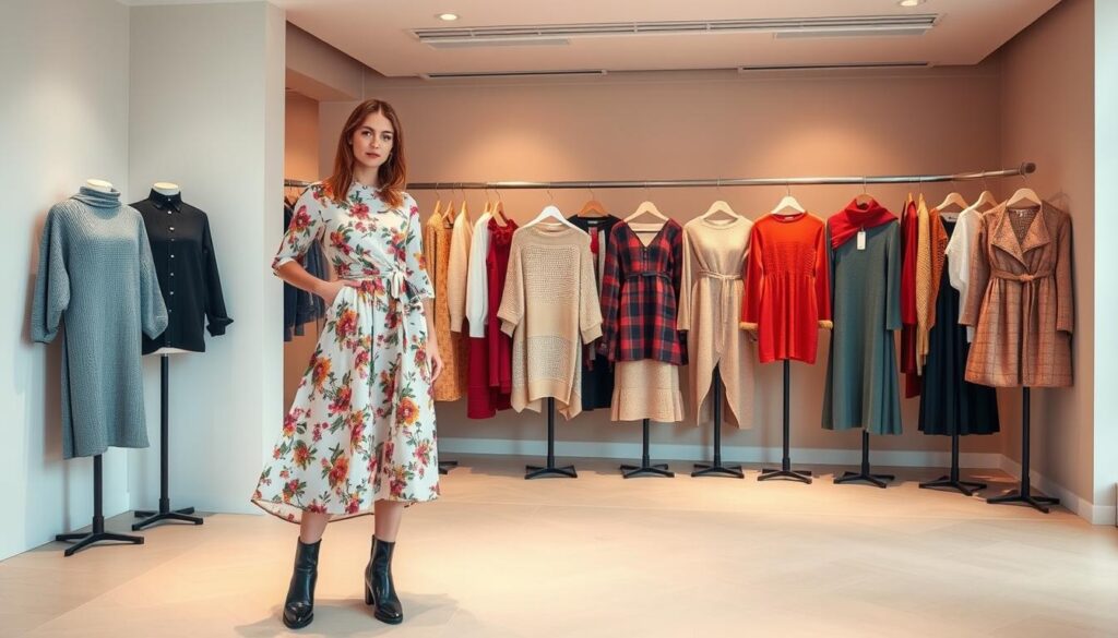 A vibrant, fashion-forward scene of Shein's seasonal styles. In the foreground, a stylish model poses confidently in a chic, on-trend outfit - a flowing midi dress with a floral print, paired with sleek ankle boots. The middle ground showcases an array of appealing garments, from cozy knit sweaters to statement-making dresses, all in a harmonious palette of autumnal hues. The background depicts a modern, minimalist setting with clean lines and a warm, soft lighting that enhances the alluring atmosphere. This image captures the essence of Shein's diverse, fashion-forward collection, inspiring the viewer to explore their trend-driven styles. A vibrant, fashion-forward scene of Shein's seasonal styles. In the foreground, a stylish model poses confidently in a chic, on-trend outfit - a flowing midi dress with a floral print, paired with sleek ankle boots. The middle ground showcases an array of appealing garments, from cozy knit sweaters to statement-making dresses, all in a harmonious palette of autumnal hues. The background depicts a modern, minimalist setting with clean lines and a warm, soft lighting that enhances the alluring atmosphere. This image captures the essence of Shein's diverse, fashion-forward collection, inspiring the viewer to explore their trend-driven styles.