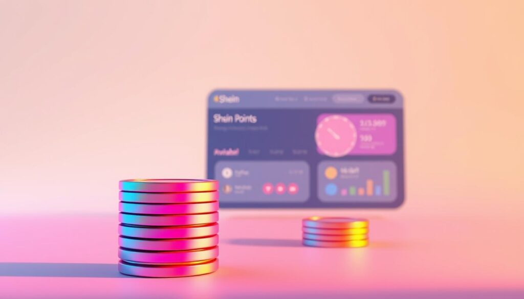A vibrant, minimalist illustration of the Shein points system. In the foreground, a stack of colorful coins or tokens representing Shein points, with a sleek, metallic sheen. The midground features a simplified graphic interface or dashboard, showcasing points earned, redeemed, and available. The background is a clean, soft gradient, setting a modern, high-tech atmosphere. The overall composition is balanced, with a focus on the key elements of the points system. Warm lighting from the side casts gentle shadows, adding depth and a sense of materiality. The scene is rendered in a crisp, high-resolution style suitable for digital display.