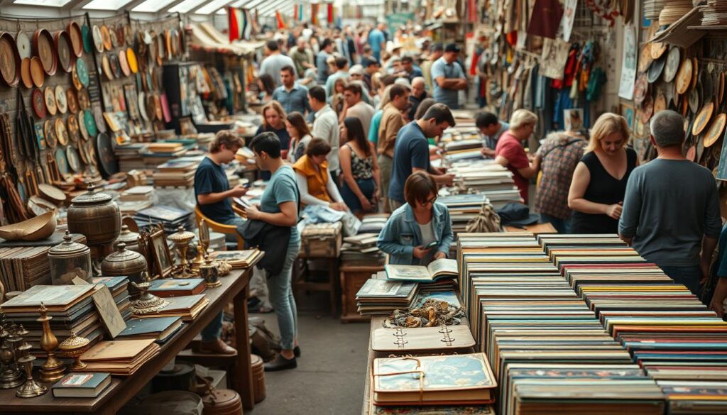 A bustling flea market filled with a vibrant array of vintage treasures, handmade crafts, and antique curiosities. In the foreground, a well-worn wooden table overflows with an eclectic mix of items - worn leather journals, tarnished brass trinkets, and stacks of colorful vinyl records. Customers browse the stalls, their faces alight with excitement as they uncover hidden gems. In the middle ground, a maze of colorful booths and makeshift displays, each offering a unique array of affordable finds. The background is a hazy blur of activity, with people weaving through the crowded aisles, haggling with vendors, and sharing in the thrill of the hunt. Soft, natural lighting casts a warm, inviting glow over the entire scene, capturing the essence of a hidden oasis where budget-conscious shoppers can discover unexpected treasures.