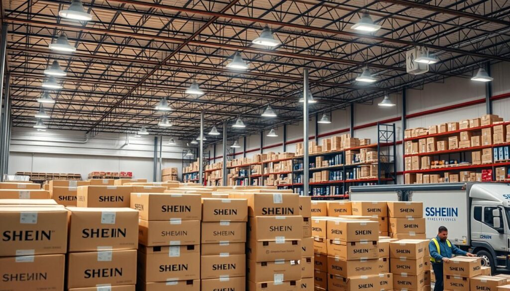 A bustling warehouse interior with rows of neatly stacked cardboard boxes labeled "SHEIN" in large letters. The boxes are being carefully loaded onto a fleet of delivery trucks, their logos prominently displayed. Bright, overhead lighting illuminates the scene, casting a warm, productive glow. In the foreground, a team of efficient warehouse workers in uniforms methodically package and prepare shipments, their movements choreographed like a well-oiled machine. The background features a wall of shelves filled with an array of clothing items, hinting at the wide selection available to online shoppers. The overall atmosphere conveys a sense of order, reliability, and customer-focused efficiency, reflecting the needs of American consumers.