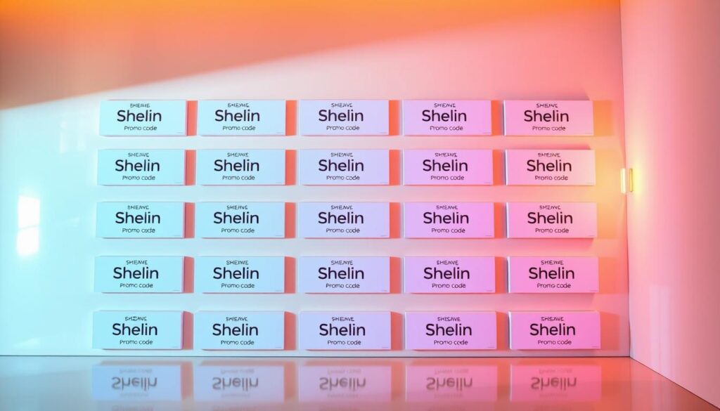 A chic, minimalist composition showcasing an array of vibrant Shein promo codes against a sleek, modern background. The codes are displayed in an elegant, color-coordinated grid, with each code distinct and clearly legible. Warm, soft lighting casts a subtle glow, creating a sense of sophistication. The overall aesthetic is clean, inviting, and captures the spirit of accessible fashion and money-saving opportunities that Shein is known for. The composition strikes a balance between aspirational style and practical value, reflecting the theme of "Money-Saving Strategies and Promo Hacks".