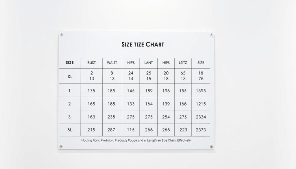 A clean, well-lit size chart depicting a Shein product, showcased on a minimalist white background. The chart displays various size measurements, including bust, waist, hips, and length, with clear numerical values and easy-to-interpret graphics. The layout is organized and visually appealing, making it straightforward for the viewer to understand the sizing options. Soft, directional lighting accentuates the crisp details, and the overall presentation conveys a sense of professionalism and utility, perfectly suited to illustrate the "How to Read Product Descriptions and Size Charts Effectively" section of the article.
