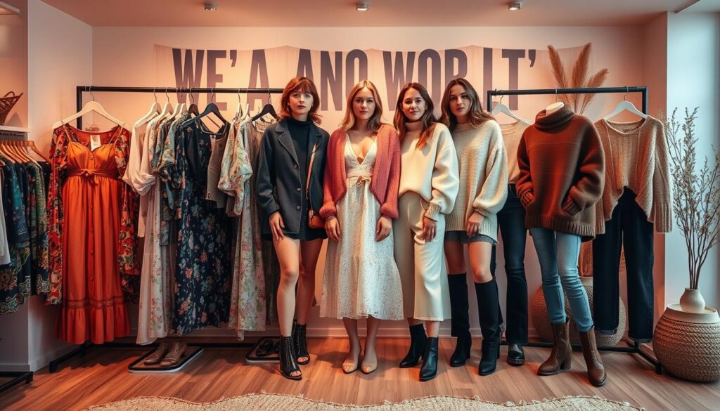 A cozy and inviting scene showcasing Shein's seasonal styling. In the foreground, a beautifully curated fashion display features a diverse range of stylish outfits reflecting the changing seasons - from flowing sundresses and sandals for summer to cozy sweaters and boots for autumn. The middle ground showcases models posed naturally, showcasing the versatility and wearability of the pieces. The background depicts a warm, ambient setting with soft lighting and subtle seasonal accents, creating an immersive and aspirational atmosphere. The overall composition evokes a sense of effortless, on-trend style that embodies Shein's ethos of accessible fashion for every occasion and climate.