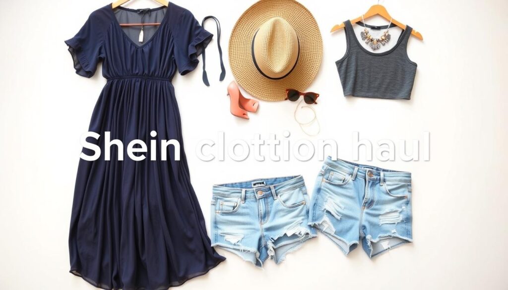 A fashionable Shein clothing haul displayed on a clean, white background. In the foreground, an assortment of trendy garments - a flowy maxi dress, a cropped tank top, and a pair of distressed denim shorts. Carefully arranged to showcase the vibrant colors and textures. The middle ground features various accessories, such as a stylish sunhat, a statement necklace, and a pair of sleek sunglasses. The background is softly lit, creating a bright and airy atmosphere that accentuates the high-quality fabrics and chic silhouettes. The overall scene exudes a sense of effortless style and excitement, capturing the essence of a Shein fashion haul. A fashionable Shein clothing haul displayed on a clean, white background. In the foreground, an assortment of trendy garments - a flowy maxi dress, a cropped tank top, and a pair of distressed denim shorts. Carefully arranged to showcase the vibrant colors and textures. The middle ground features various accessories, such as a stylish sunhat, a statement necklace, and a pair of sleek sunglasses. The background is softly lit, creating a bright and airy atmosphere that accentuates the high-quality fabrics and chic silhouettes. The overall scene exudes a sense of effortless style and excitement, capturing the essence of a Shein fashion haul.