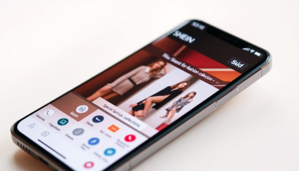 A high-tech smartphone screen displays the Shein app's intuitive interface, with a clean and minimalist design. In the foreground, various shopping icons and categories are prominently featured, inviting the user to effortlessly navigate the app's vast product selection. The middle ground showcases a dynamic carousel of the latest fashion trends and seasonal collections, presented in a visually striking manner. The background subtly blends warm, neutral tones, creating a sense of sophistication and ease of use, reflecting the app's user-friendly experience. Soft, directional lighting illuminates the scene, highlighting the app's key features and enhancing the overall aesthetic appeal.