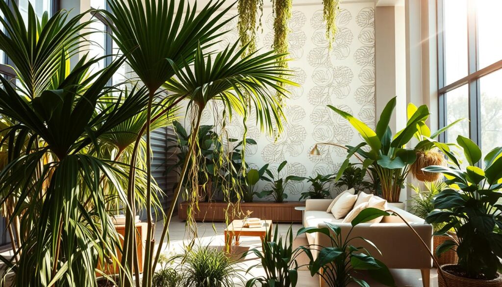 A lush, modern interior with biophilic design elements. Sunlight streams through large windows, casting a warm glow on the space. In the foreground, a curated arrangement of potted plants, including tall leafy palms and trailing vines, creates a serene, nature-inspired atmosphere. The middle ground features a sleek, minimalist sofa in natural tones, complemented by a wooden coffee table and low-profile lighting fixtures. In the background, a feature wall showcases intricate patterns inspired by organic forms, blending the indoor and outdoor environments seamlessly. The overall aesthetic is one of harmony, tranquility and a deep connection to the natural world.
