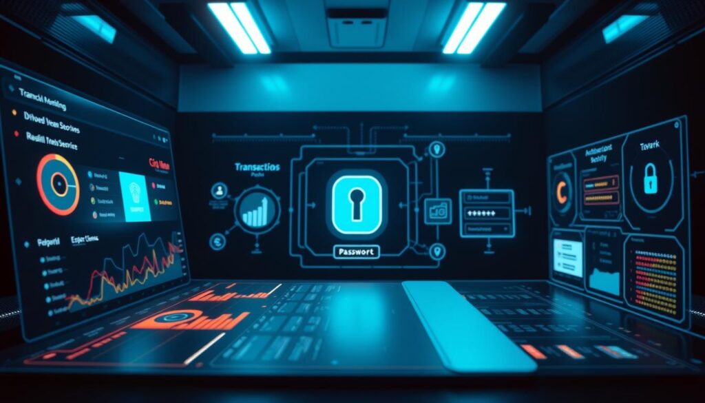 A meticulously designed security interface dominates the frame, exuding an air of digital vigilance. In the foreground, a sleek, minimalist dashboard showcases real-time monitoring of transactions, with vibrant graphs and charts conveying the pulse of secure financial activity. In the middle ground, a series of authentication protocols - biometric scans, encrypted password fields, and two-factor verification - underscore the layers of protection safeguarding user data. The background is bathed in a cool, blue-hued glow, emanating a sense of technological proficiency and trustworthiness. Dramatic lighting casts dramatic shadows, heightening the drama and gravity of the scene, while a cinematic camera angle imparts a sense of authority and reliability.