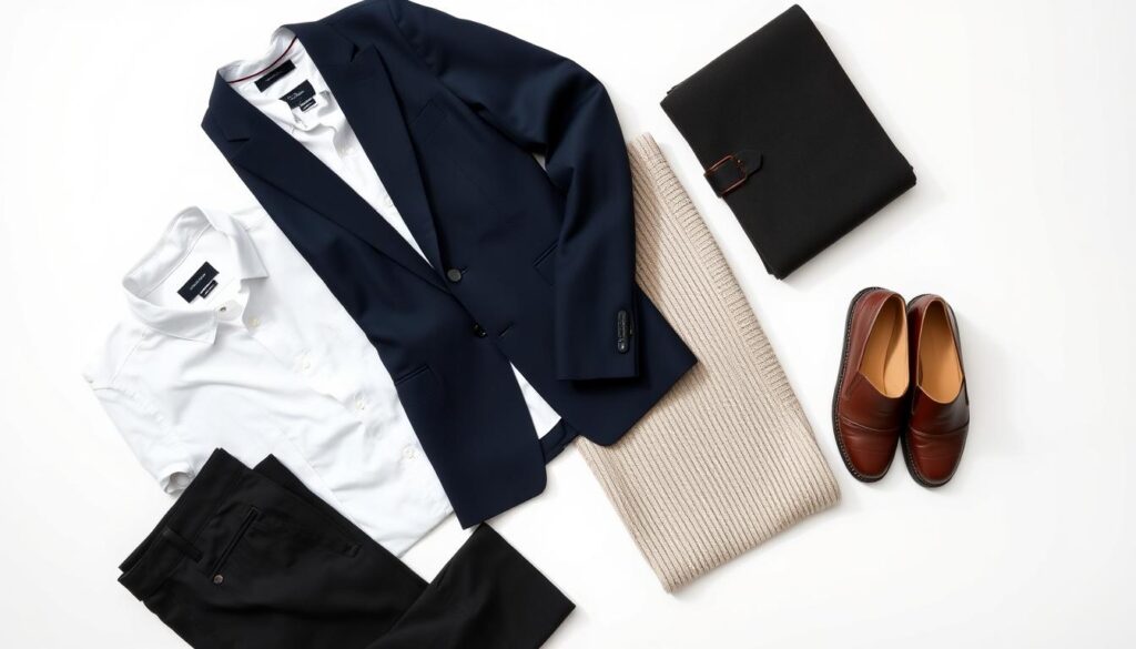 A neatly organized capsule wardrobe with essential clothing items laid out on a clean, minimalist background. Soft, natural lighting illuminates a selection of high-quality basics - a crisp white button-down shirt, a classic navy blue blazer, slim-fit black slacks, a neutral-toned sweater, and a pair of versatile leather loafers. The items are arranged in a visually appealing, symmetrical composition, conveying a sense of effortless style and timeless elegance. The overall mood is one of simplicity, versatility, and sophisticated practicality, reflecting the concept of a well-curated capsule wardrobe for easy outfit styling.