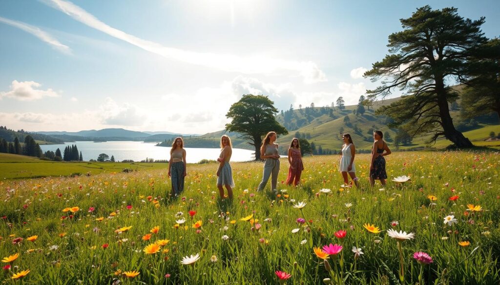 A serene, sun-dappled scene depicting a lush, verdant meadow filled with a vibrant array of blooming wildflowers. In the foreground, a group of models gracefully pose, showcasing sustainably sourced fashion pieces from Shein's latest eco-conscious collection. Gentle sunlight filters through wispy clouds, casting a warm, natural glow across the tranquil landscape. In the background, rolling hills dotted with towering trees and a sparkling lake create a picturesque, environmentally conscious backdrop. The overall mood is one of harmony, sustainability, and a deep connection with nature.