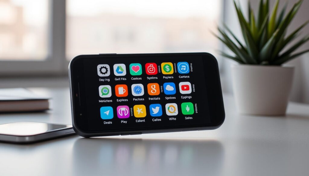 A sleek smartphone screen displaying a grid of colorful app icons, representing various deal-finding and money-saving applications. The background features a minimalist office setting with a clean, modern desk, a potted plant, and a subtle hint of natural lighting filtering through a window. The mood is one of efficiency, organization, and the empowerment of savvy consumerism. A sense of digital exploration and discovery pervades the scene, encouraging the viewer to engage with the technology at hand.