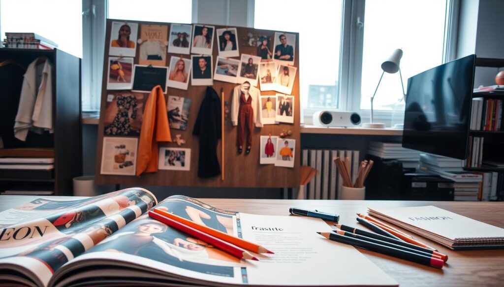 A stylish workspace with a variety of inspiring fashion items arranged neatly, lit by soft natural light filtering through large windows. In the foreground, an open fashion magazine, colored pencils, and a sketchpad showcase the creative process. In the middle ground, a mood board featuring fabric swatches, clippings from trend forecasts, and polaroid photos of stylish outfits. In the background, a sleek desktop computer, a well-organized bookshelf filled with fashion-related publications, and a minimalist desk lamp. The overall atmosphere is one of focused, stylish productivity, reflecting the pursuit of personal style through research and ideation.