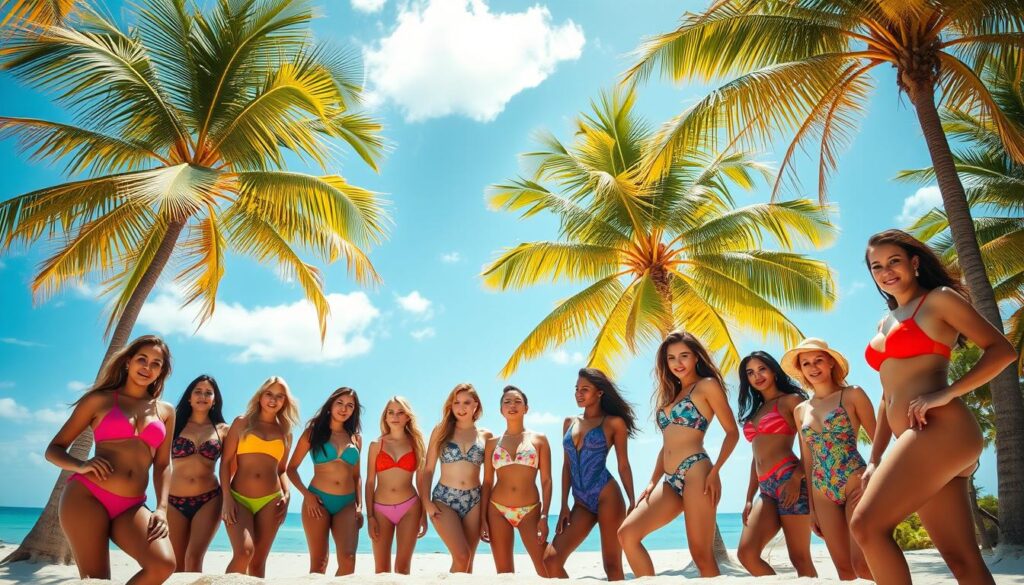A sun-drenched beach scene, with a vibrant array of Shein swimwear models posing gracefully. In the foreground, a group of attractive, diverse individuals showcase the latest fashion-forward designs - bold colors, intricate patterns, and flattering silhouettes that accentuate their natural beauty. The middle ground features a backdrop of lush palm trees swaying gently in the warm breeze, with a cloudless azure sky above. Soft, diffused lighting casts a warm, inviting glow, creating a sense of summertime bliss. The overall composition conveys a sense of carefree joy and effortless style, perfectly capturing the essence of Shein's trendy warm-weather offerings. A sun-drenched beach scene, with a vibrant array of Shein swimwear models posing gracefully. In the foreground, a group of attractive, diverse individuals showcase the latest fashion-forward designs - bold colors, intricate patterns, and flattering silhouettes that accentuate their natural beauty. The middle ground features a backdrop of lush palm trees swaying gently in the warm breeze, with a cloudless azure sky above. Soft, diffused lighting casts a warm, inviting glow, creating a sense of summertime bliss. The overall composition conveys a sense of carefree joy and effortless style, perfectly capturing the essence of Shein's trendy warm-weather offerings.
