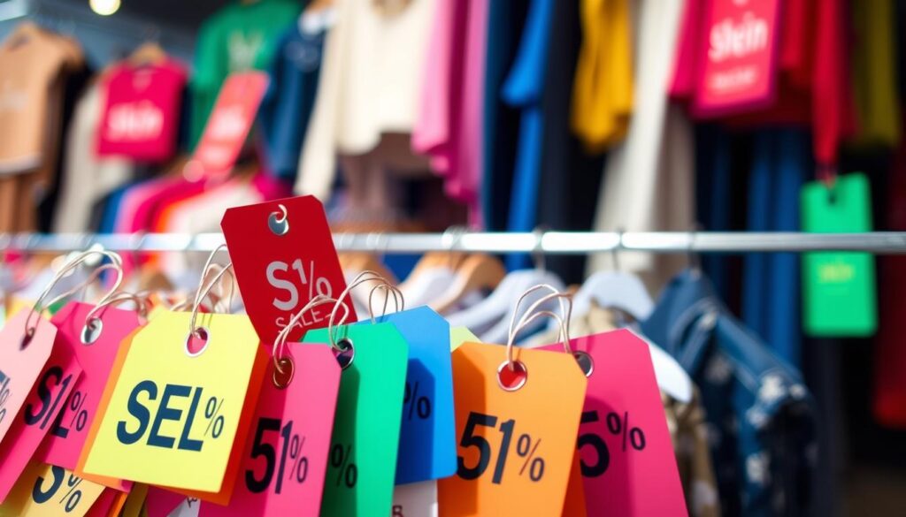 A vibrant display of Shein's alluring discount tags and price cuts, captured in a crisp, well-lit photograph. The foreground showcases an array of boldly colored, strategically positioned price tags, invoking a sense of excitement and potential savings. The middle ground features a visually appealing arrangement of various Shein apparel items, hinting at the diverse product selection. The background is softly blurred, creating a focus on the discounts and promotional elements. The overall composition evokes a mood of anticipation and the thrill of finding great deals, perfectly reflecting the "Maximizing Discounts and Promo Strategies for Shein Customers" section of the article.