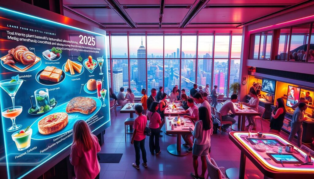 A vibrant, futuristic food court showcasing the trendiest culinary innovations of 2025. In the foreground, a holographic display features a variety of avant-garde dishes - from 3D-printed plant-based steaks to molecular gastronomy cocktails. The middle ground is bustling with diners interacting with voice-controlled smart tables, while autonomous food prep robots zip around behind them. In the background, floor-to-ceiling windows offer a panoramic view of a gleaming, high-tech city skyline. Bathed in a warm, neon-tinged lighting, the scene exudes a sense of excitement and possibility around the future of food and dining.