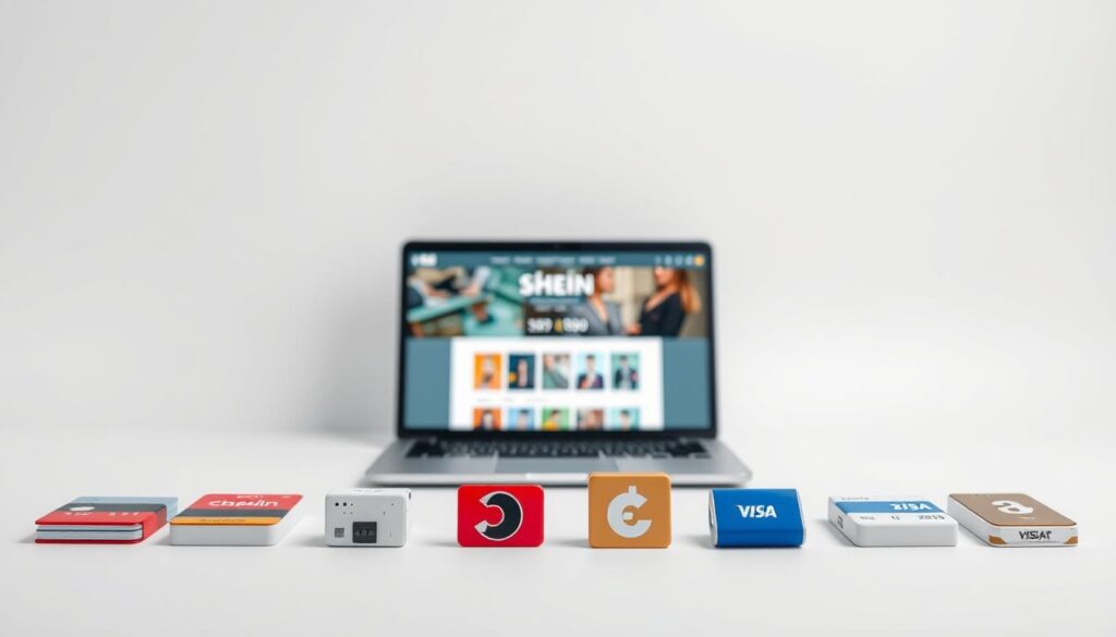A visually striking, high-definition image of Shein's various online payment methods. The scene features a sleek and minimalist composition, with a clean white background. In the foreground, a selection of modern digital payment icons - including credit cards, mobile wallets, and online payment platforms - are neatly arranged in a grid-like pattern. The icons are rendered in a stylized, geometric style with vibrant colors that pop against the neutral backdrop. The middle ground showcases a laptop or mobile device displaying the Shein website, emphasizing the integrated online shopping experience. Subtle lighting casts a soft, even glow over the entire scene, creating a sense of sophistication and security. The overall mood conveys trust, convenience, and the seamless integration of e-commerce and digital payment solutions.