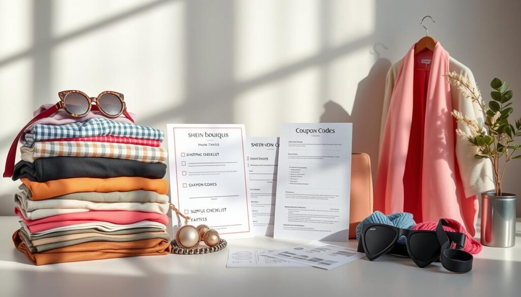 An elegantly lit still life composition featuring various Shein shopping tips and hacks. In the foreground, a stack of stylish clothing items and accessories, meticulously arranged to highlight Shein's diverse product range. The middle ground showcases helpful shopping checklists, coupon codes, and size guides, conveying the practical information needed for savvy Shein shoppers. In the background, a tasteful blend of pastel colors and soft shadows creates a serene, inviting atmosphere, encouraging the viewer to explore Shein's money-saving opportunities. Captured with a high-resolution camera and natural lighting, this image embodies the perfect fusion of Shein's fashionable offerings and the insider knowledge required to secure the best deals.