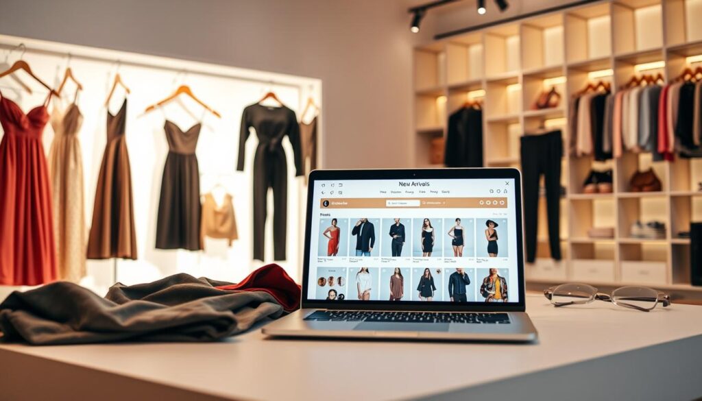 An online shopping scene with stylish new fashion arrivals. In the foreground, a dynamic display of various clothing items - chic dresses, trendy tops, and sleek pants - artfully arranged on a minimalist white backdrop, illuminated by warm, soft lighting. In the middle ground, a laptop or tablet showcases a digital storefront, the screen filled with enticing product images and a "New Arrivals" banner. The background features a clean, contemporary interior with geometric shelving, creating a sense of modern sophistication. The overall atmosphere conveys a high-end, curated shopping experience, enticing the viewer to discover the latest fashion collections online.