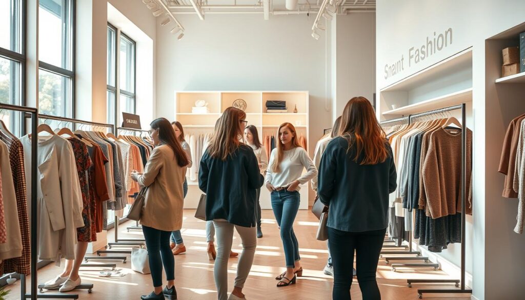a group of people in a modern, minimalist clothing store, browsing through a selection of stylish yet affordable garments. the store's lighting is warm and inviting, with natural sunlight filtering through large windows. the shoppers, dressed in a mix of casual and chic outfits, are examining the clothing displays with a discerning eye, looking for the perfect additions to their budget-friendly wardrobes. the store's interior features clean lines, neutral colors, and discreet signage, creating an atmosphere of understated elegance. the overall scene conveys a sense of accessible fashion, where quality and style can be found without breaking the bank.