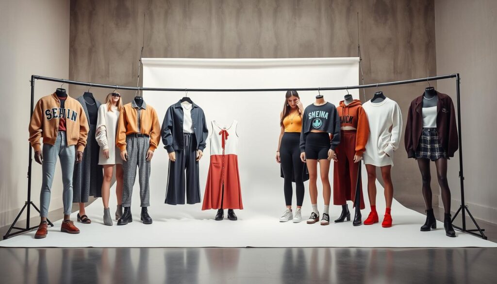 a high-fashion photo studio with bright, natural lighting and a sleek, minimalist aesthetic. in the foreground, a full-length display of several trendy outfits from Shein, featuring a variety of styles, colors, and silhouettes - casual streetwear, formal dresses, athleisure, and more. the outfits are arranged artfully, creating a visually appealing and cohesive composition. in the middle ground, a plain white backdrop allows the clothes to take center stage. the lighting casts subtle shadows, giving the scene depth and dimension. in the background, a muted gray or beige wall creates a clean, sophisticated setting. the overall mood is one of effortless style and aspirational fashion. a high-fashion photo studio with bright, natural lighting and a sleek, minimalist aesthetic. in the foreground, a full-length display of several trendy outfits from Shein, featuring a variety of styles, colors, and silhouettes - casual streetwear, formal dresses, athleisure, and more. the outfits are arranged artfully, creating a visually appealing and cohesive composition. in the middle ground, a plain white backdrop allows the clothes to take center stage. the lighting casts subtle shadows, giving the scene depth and dimension. in the background, a muted gray or beige wall creates a clean, sophisticated setting. the overall mood is one of effortless style and aspirational fashion.